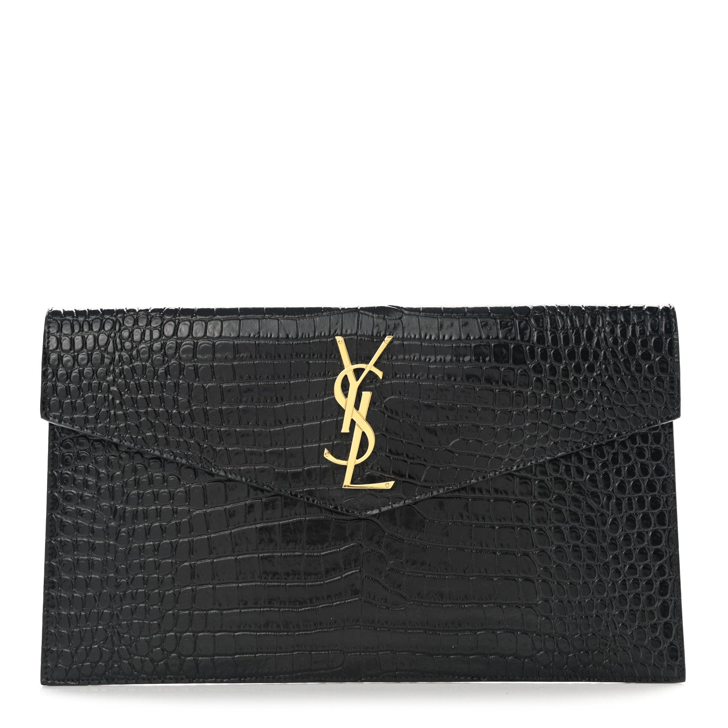 Saint Laurent Calfskin Crocodile Embossed Uptown Monogram Pouch Black 1 of 8
