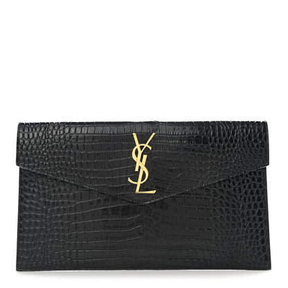 Saint Laurent Calfskin Crocodile Embossed Uptown Monogram Pouch Black 1 of 8