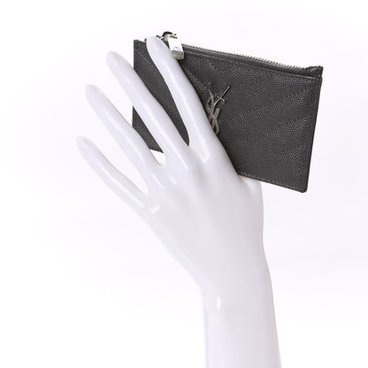 Saint Laurent Grain De Poudre Matelasse Chevron Monogram Fragments Zippered Card Case Coal 2 of 8