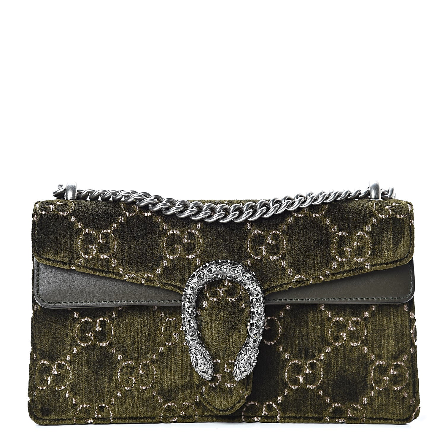Gucci Velvet Moon Calfskin Crystal GG Monogram Small Dionysus Shoulder Bag Dark Olive Rose Gold 1 of 10
