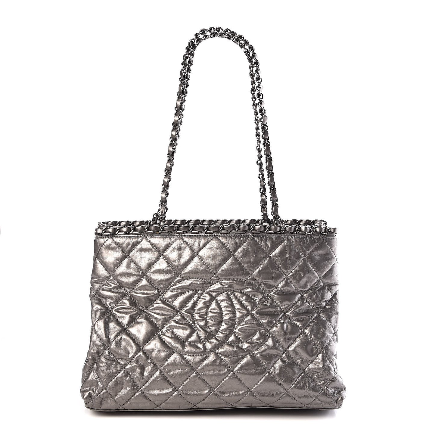 Metallic Aged Calfskin Quilted Small Chain Me Tote Silver