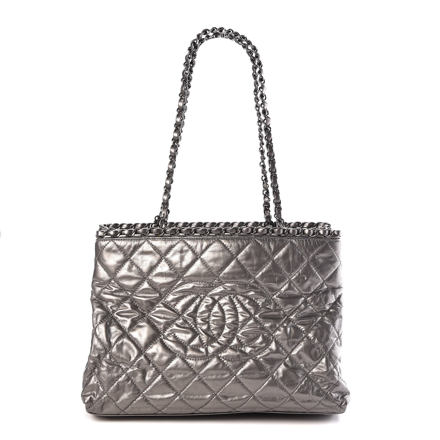 Chanel Metallic Aged Calfskin Quilted Small Chain Me Tote Silver 1 of 10