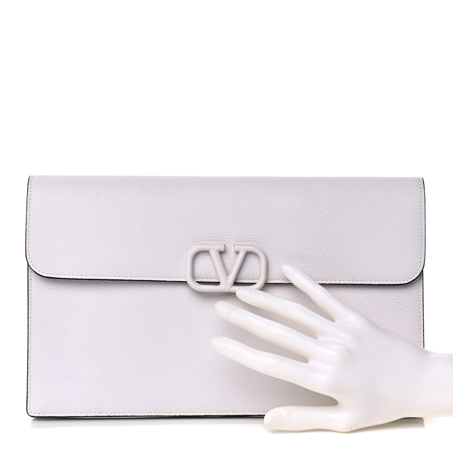 Grainy Calfskin Large Vlogo Clutch Optic White