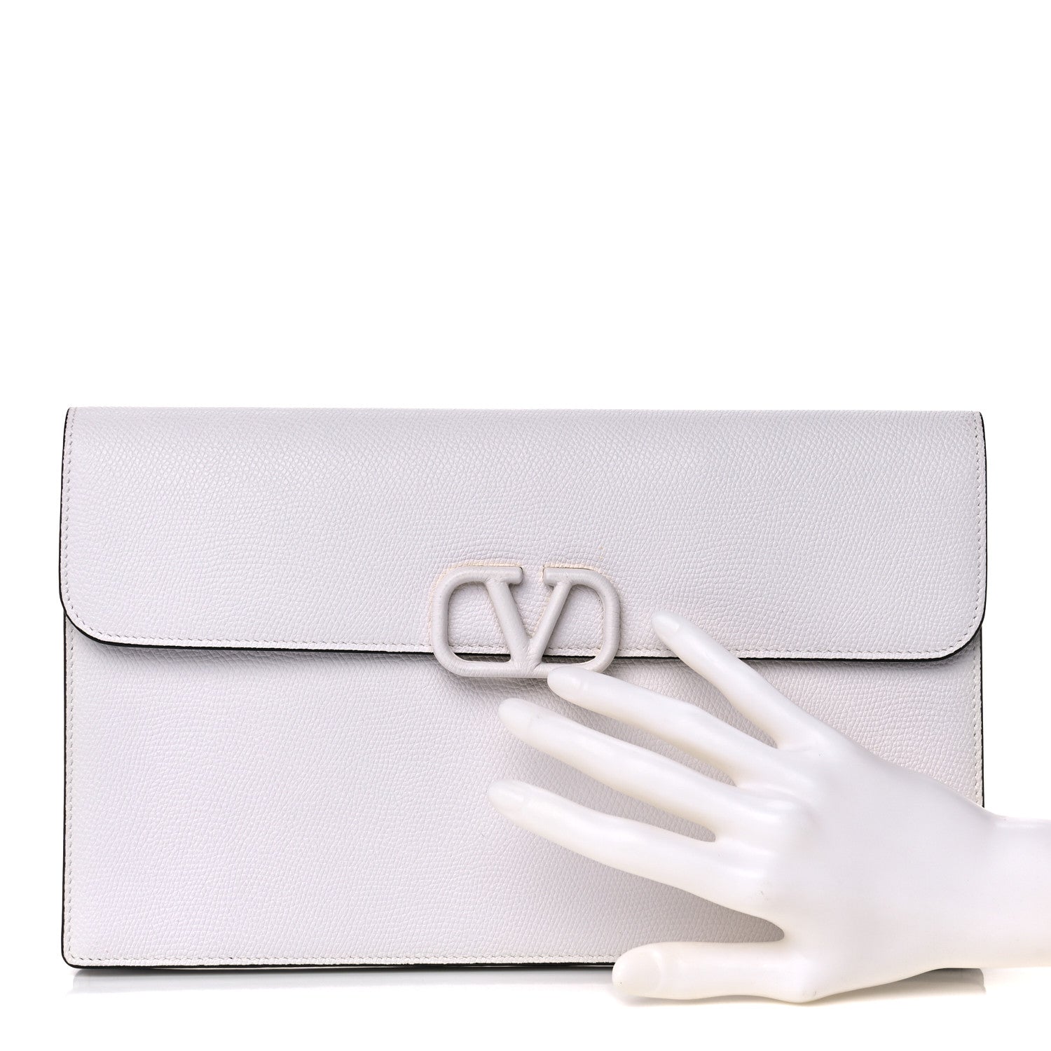 Valentino Garavani Grainy Calfskin Large Vlogo Clutch Optic White 2 of 12