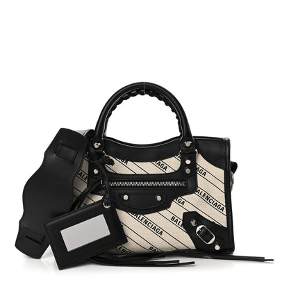 Balenciaga Canvas Satin Calfskin Diagonal Allover Logo Print Classic Silver Hardware Mini City Natural Black 1 of 11