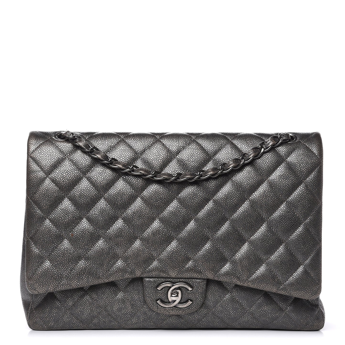 Metallic Caviar Quilted Maxi Double Flap Charcoal