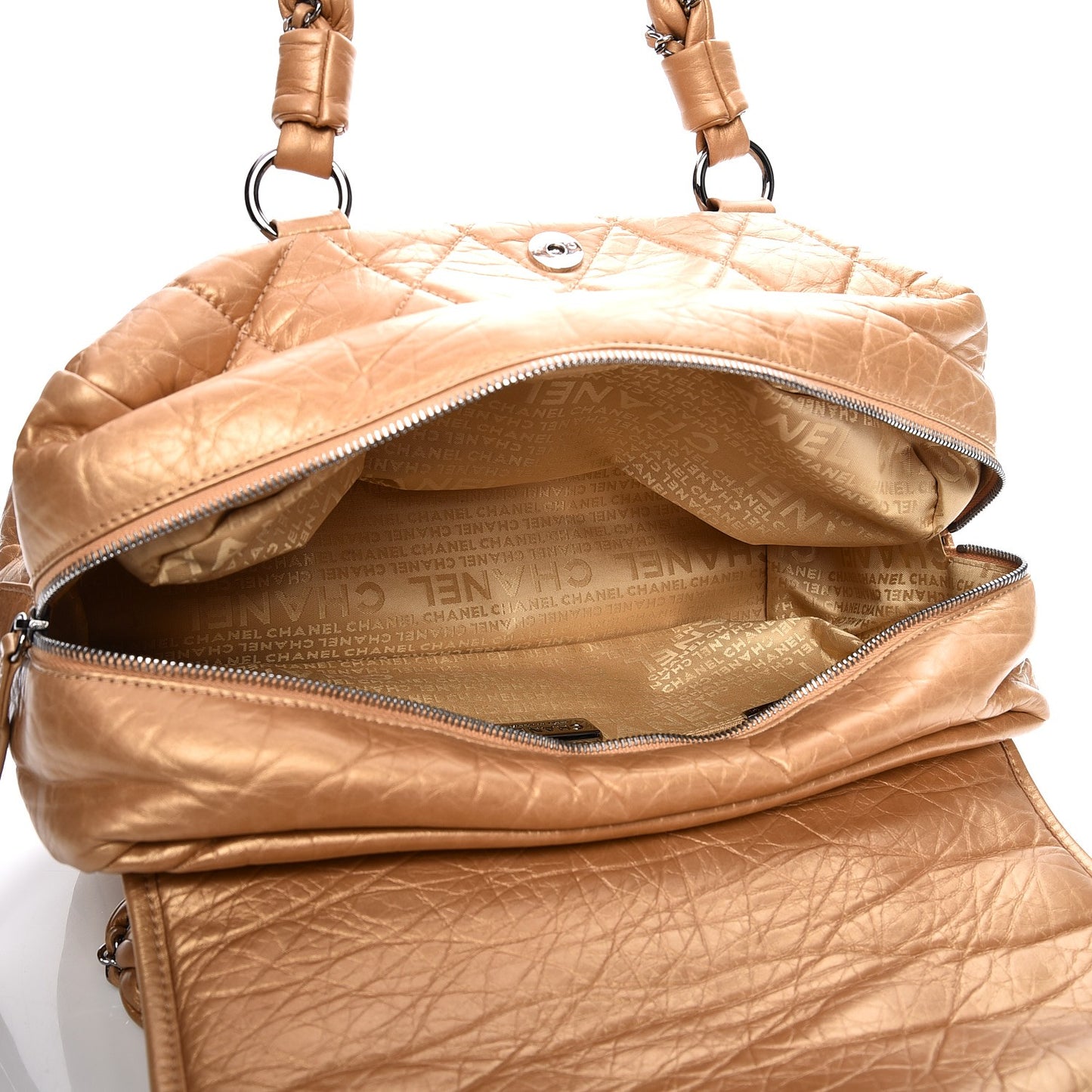 Distressed Lambskin Quilted Lady Braid Flap Tote Gold