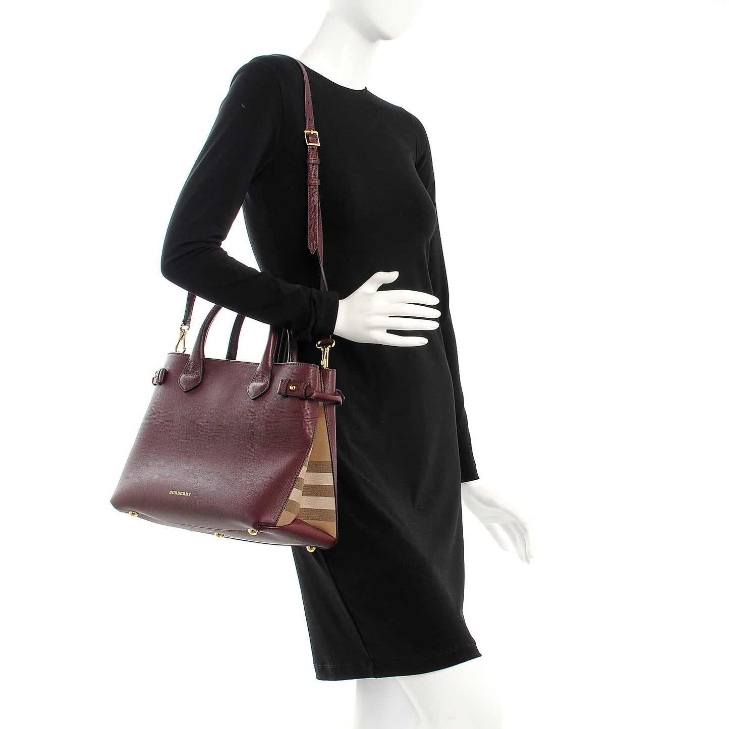 Grainy Calfskin House Check Medium Banner Tote Mahogany Red