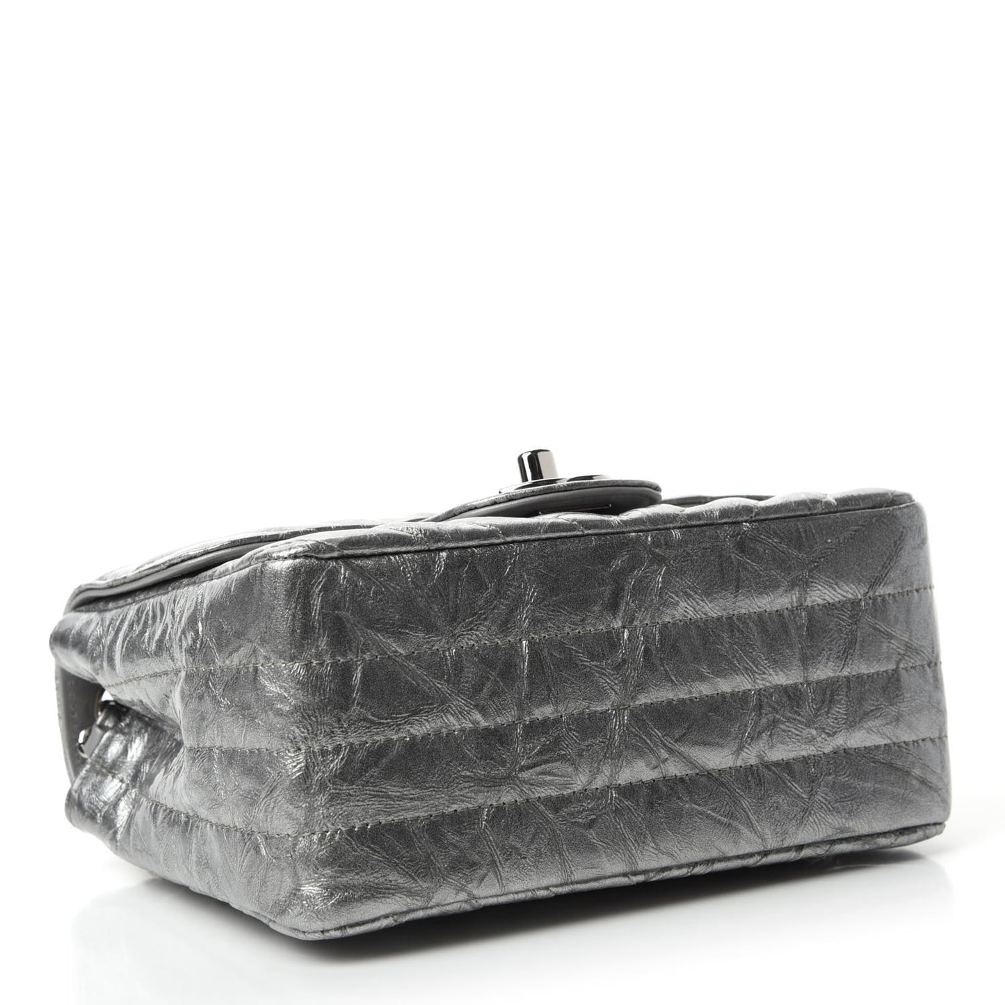 Metallic Patent Crumpled Calfskin Chevron Quilted Mini Square Flap Silver