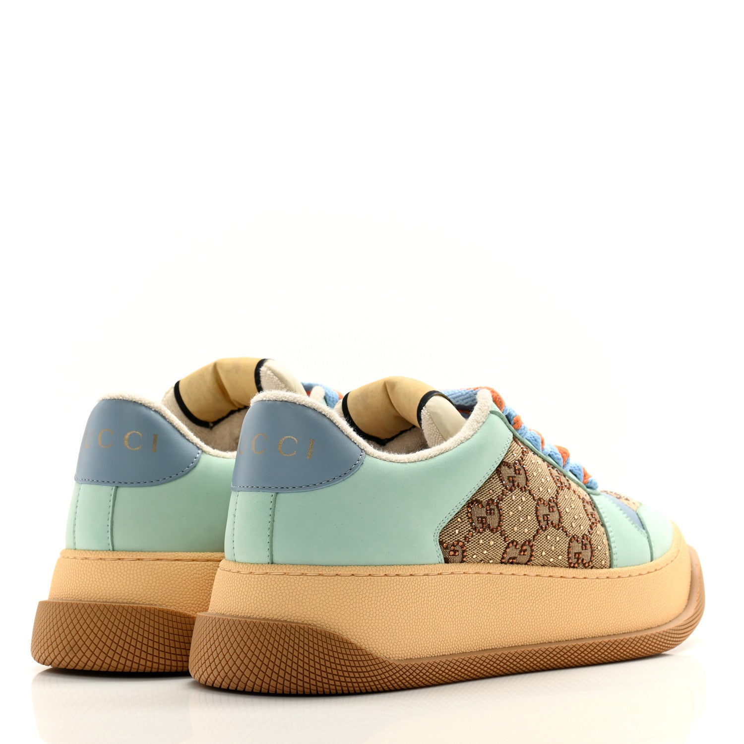 Gucci Lame Canvas Nubuck Crystal GG Monogram Womens Screener 50mm Sneakers 38 Beige Blue Orange 4 of 9