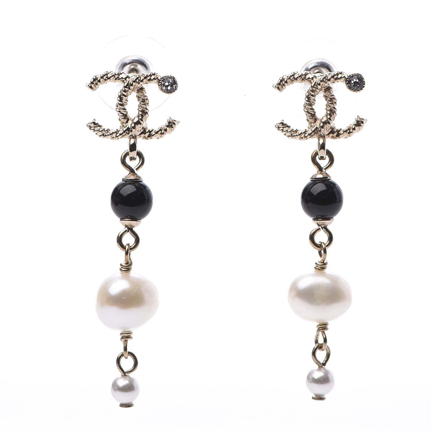Chanel Pearl Bead Crystal CC Byzantine Drop Earrings Black Gold 1 of 5