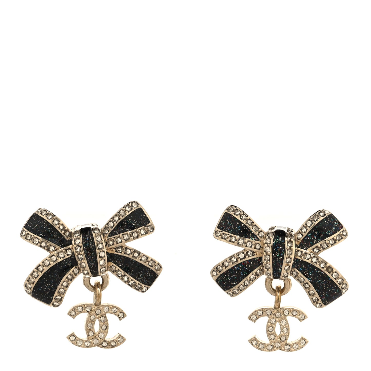 Crystal Glitter Bow Drop CC Earrings Gold Black