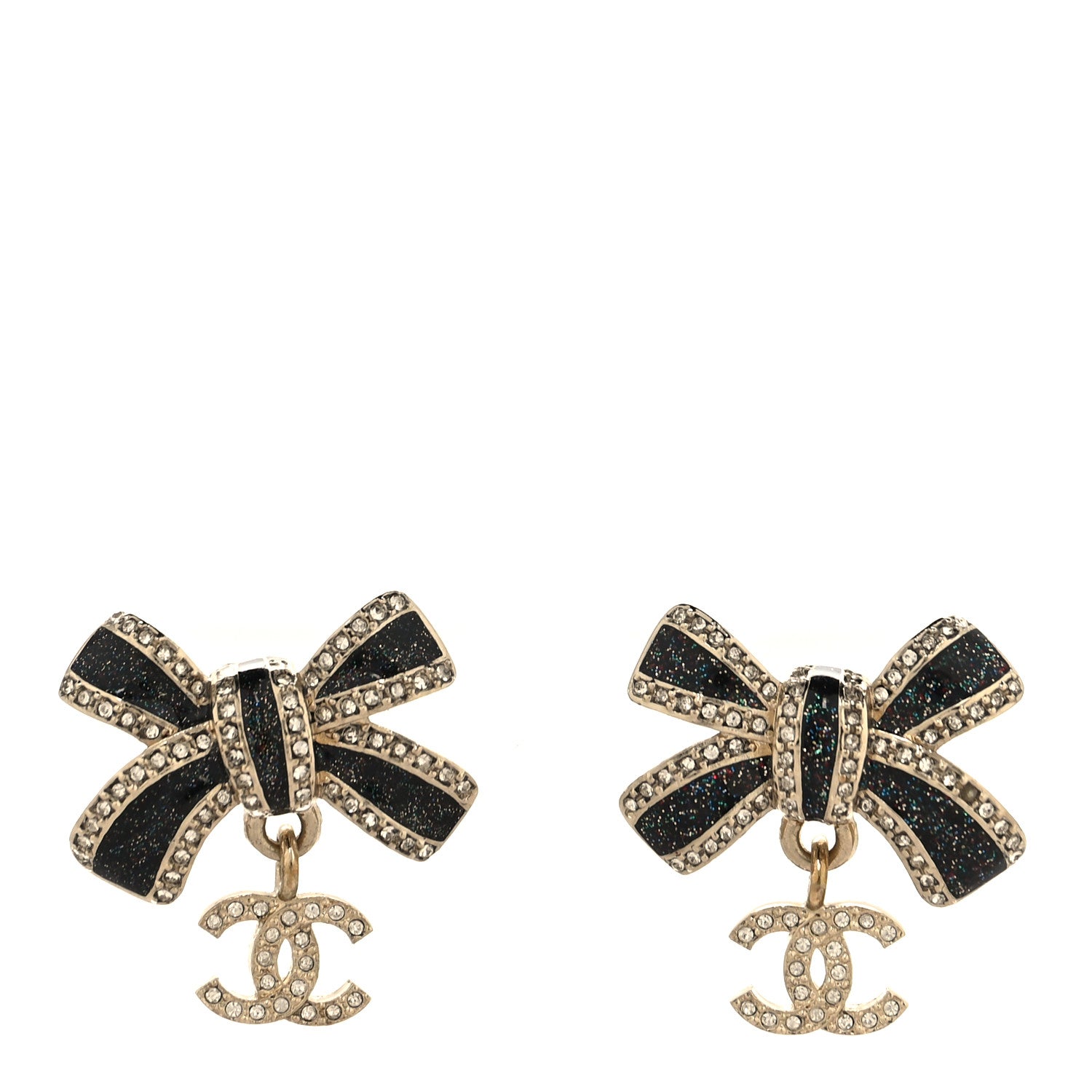 Chanel Crystal Glitter Bow Drop CC Earrings Gold Black 1 of 4