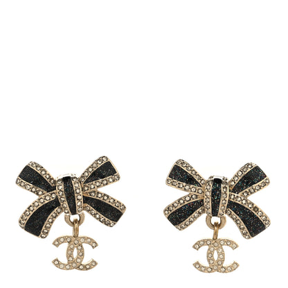 Chanel Crystal Glitter Bow Drop CC Earrings Gold Black 1 of 4