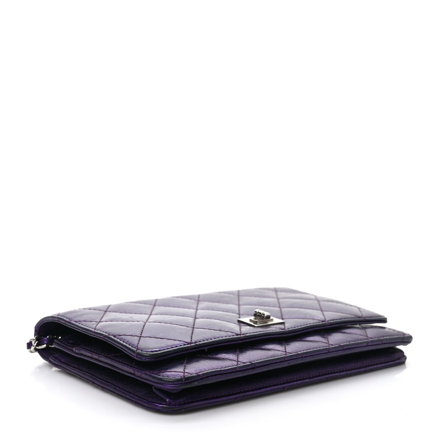 Metallic Aged Calfskin Quilted 2.55 Reissue Wallet on Chain WOC Purple