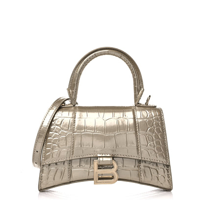 Balenciaga Metallic Shiny Calfskin Crocodile Embossed Hourglass Top Handle Bag XS Gold 1 of 9