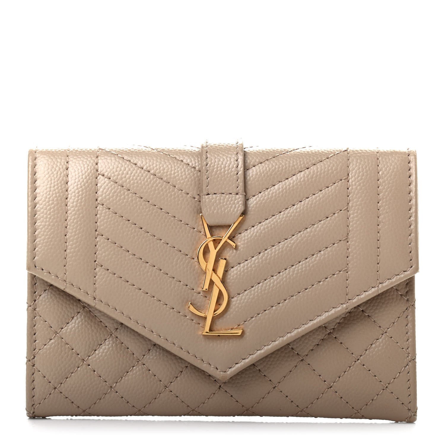 Saint Laurent Grain De Poudre Textured Mixed Matelasse Triquilt Small Monogram Envelope Wallet Dark Beige 1 of 7