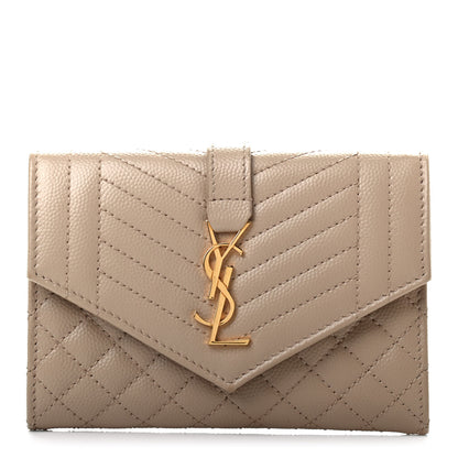 Saint Laurent Grain De Poudre Textured Mixed Matelasse Triquilt Small Monogram Envelope Wallet Dark Beige 1 of 7