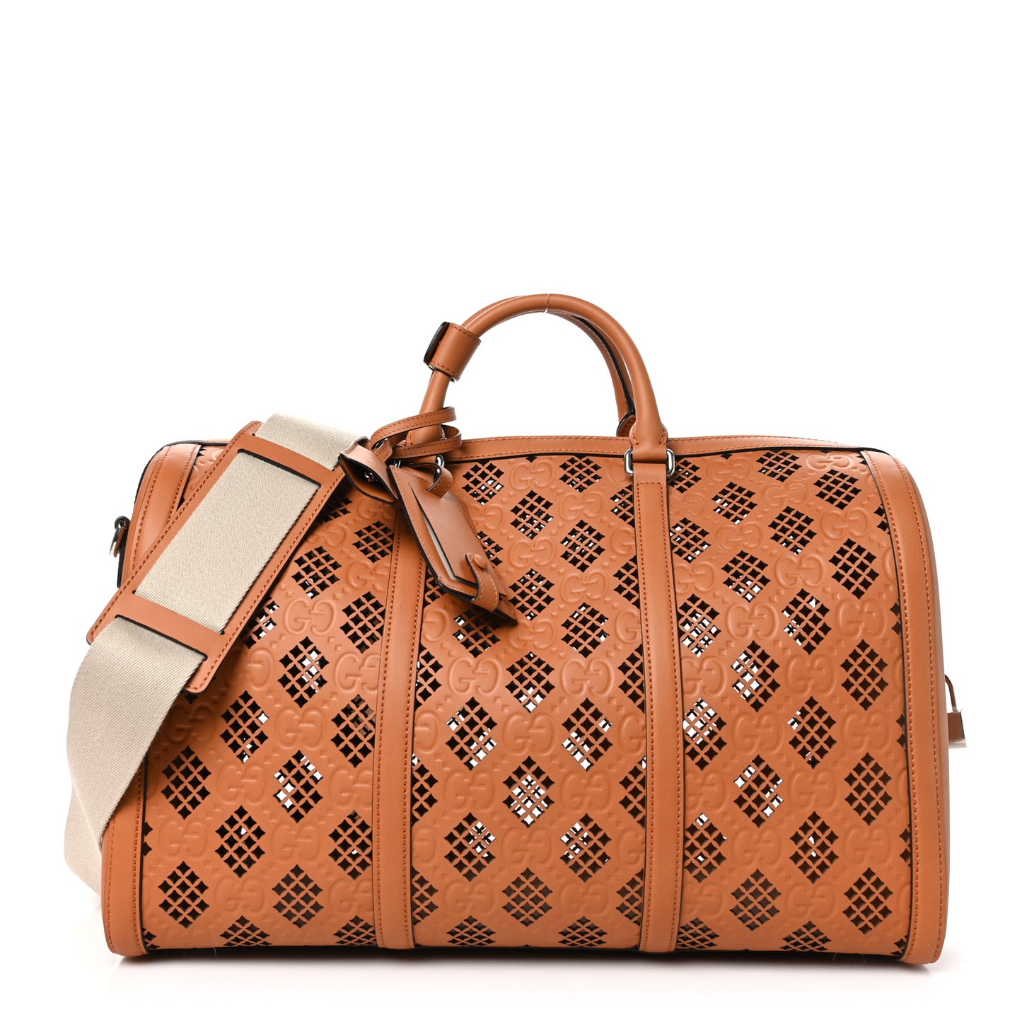 Calfskin Cut Out GG Embossed Medium Duffle Bag Harness Brown