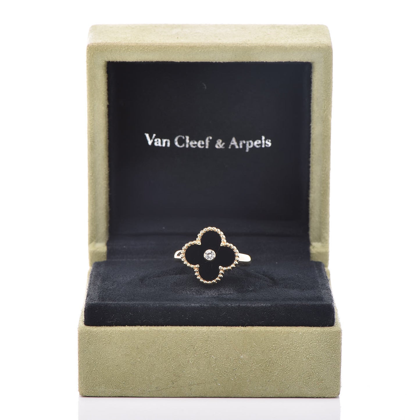 18K Yellow Gold Black Onyx Diamond Vintage Alhambra Ring 52 6