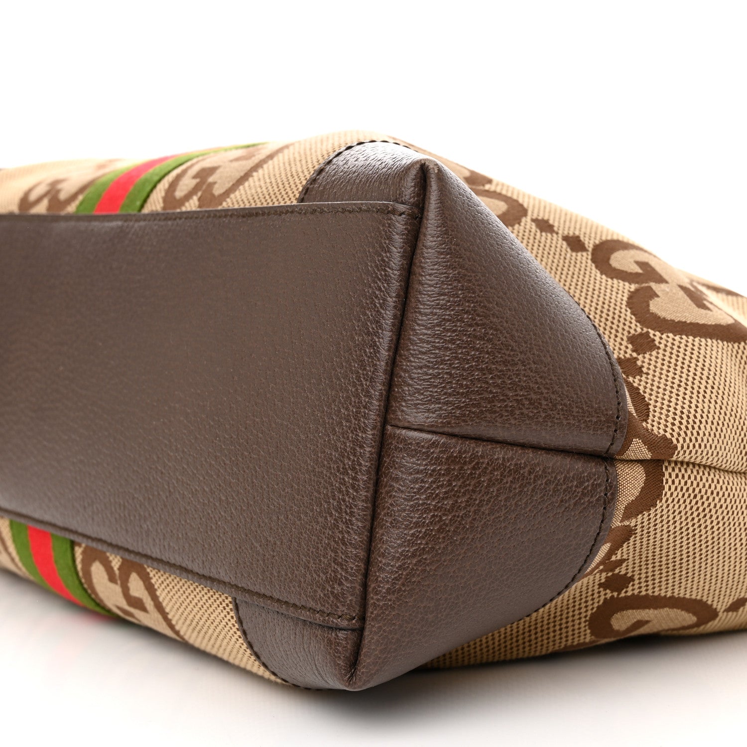 Gucci Monogram Jumbo GG Textured Dollar Calfskin Web Medium Ophidia Shopping Tote Camel Ebony 10 of 15