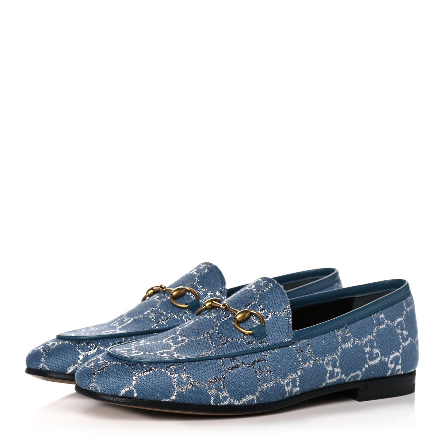 Canvas Lame GG Monogram Horsebit Womens Jordaan Loafers 37 Blue Silver