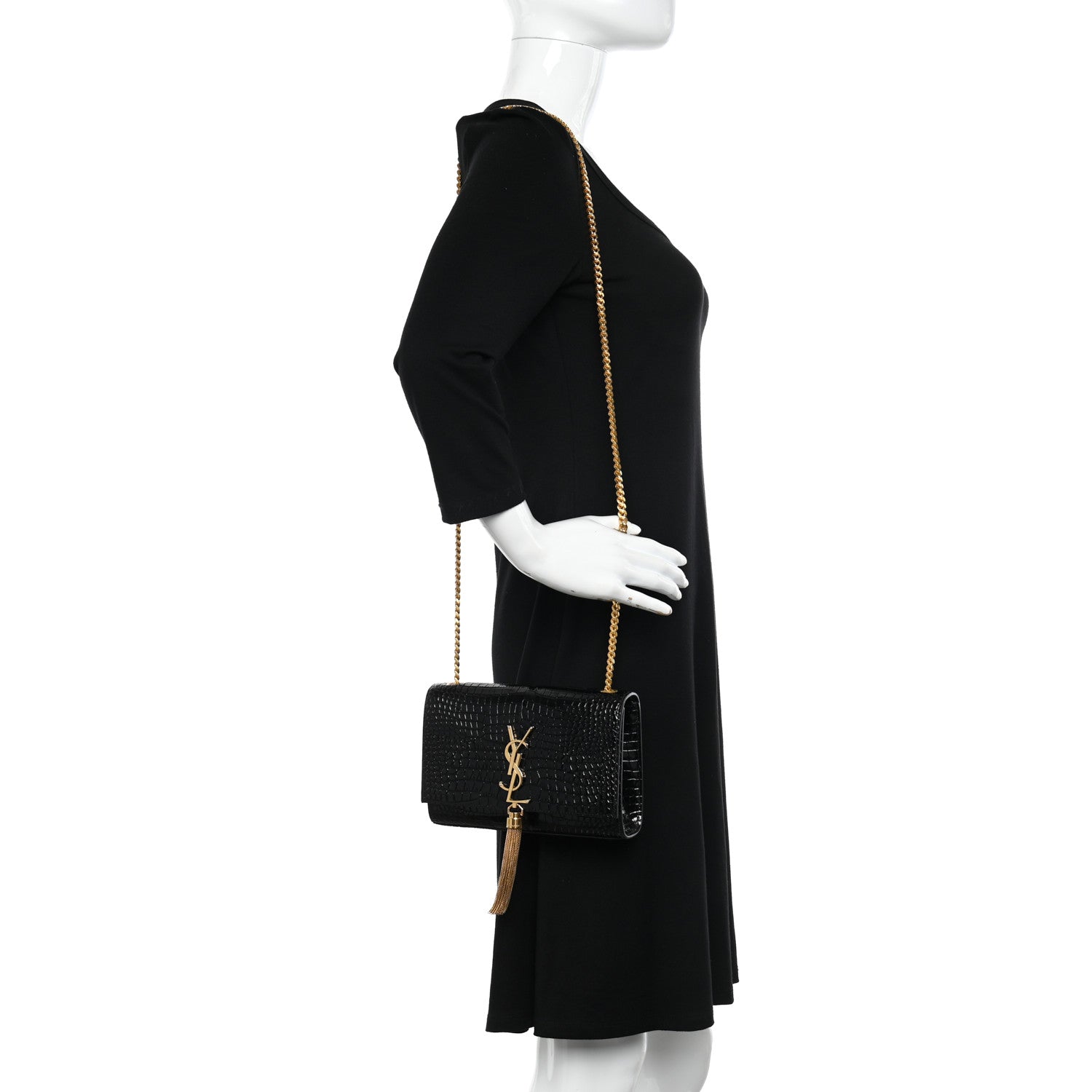 Saint Laurent Calfskin Crocodile Embossed Small Classic Monogram Kate Tassel Satchel Black 2 of 10