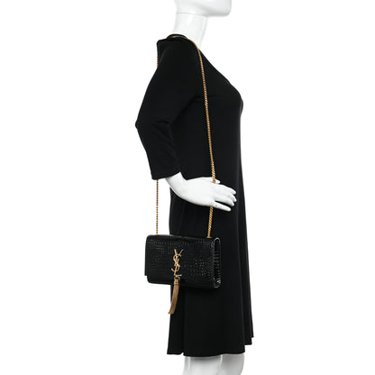 Saint Laurent Calfskin Crocodile Embossed Small Classic Monogram Kate Tassel Satchel Black 2 of 10