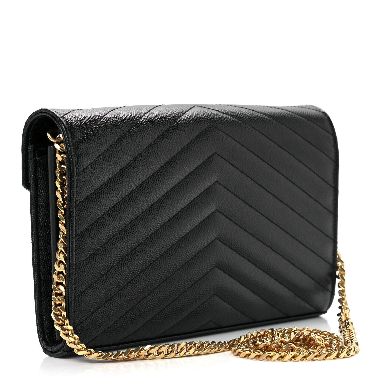 Saint Laurent Grain De Poudre Matelasse Chevron Monogram Chain Wallet Black 3 of 13