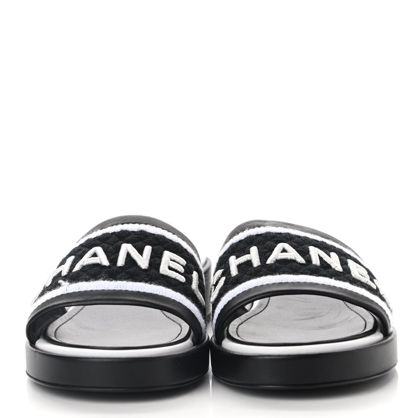 Lambskin Embroidered CC Mule Sandal 38.5 Black White