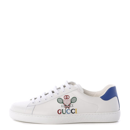 Gucci Calfskin Miro Soft Tennis Embroidered Mens Ace Sneakers 9.5 White Rio Blue 1 of 7