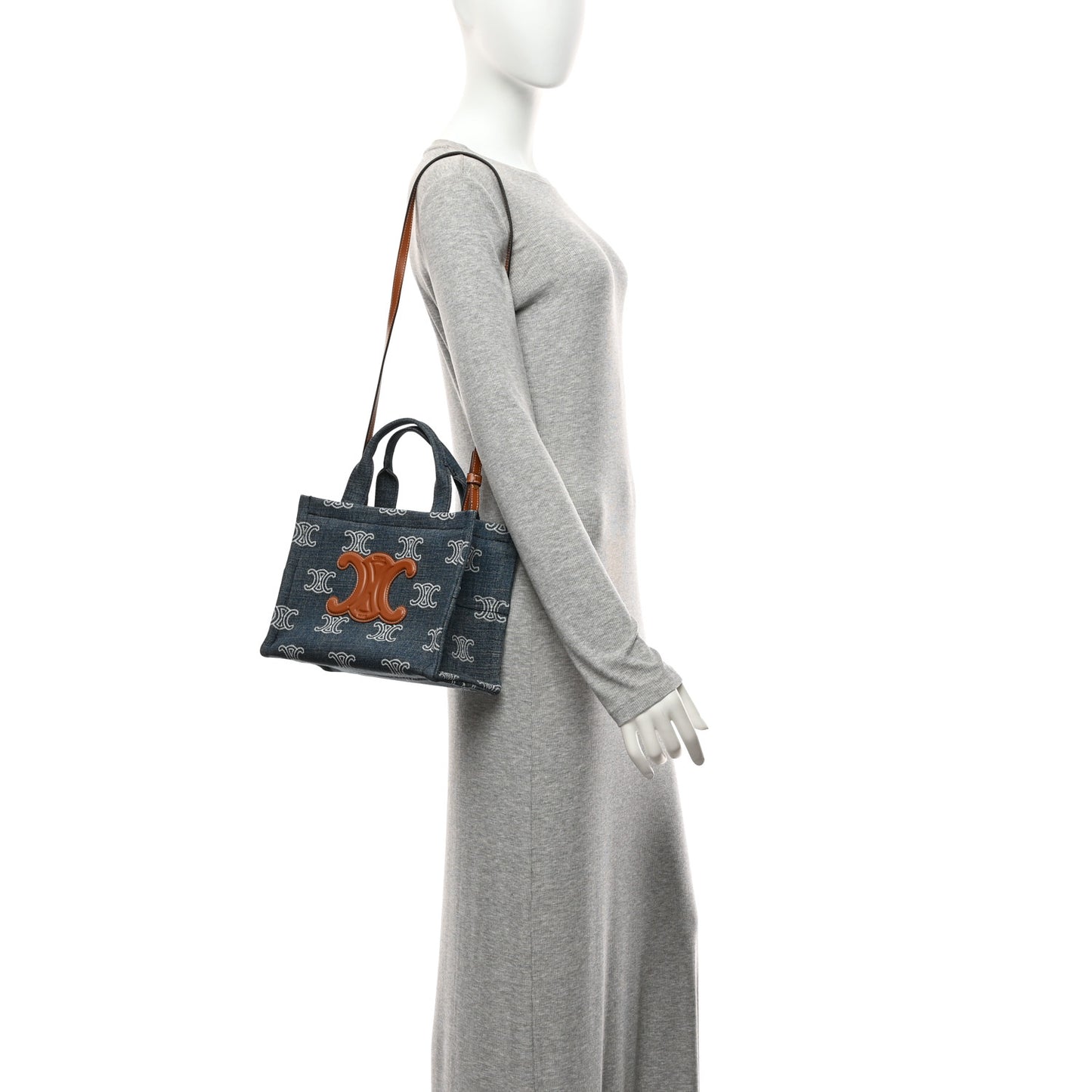 Denim Calfskin Triomphe Print Cabas Blue Tan
