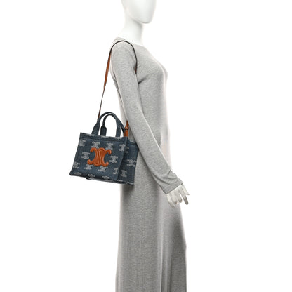 Celine Denim Calfskin Triomphe Print Cabas Blue Tan 2 of 11