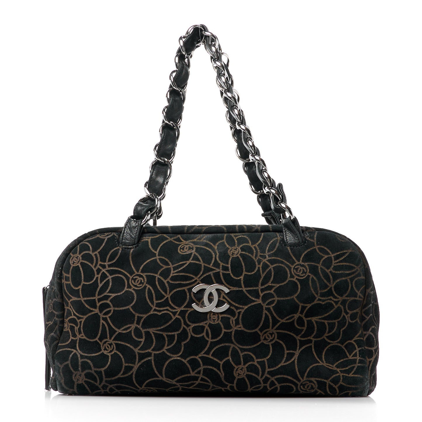 Velvet Camellia Embossed Shoulder Bag Black