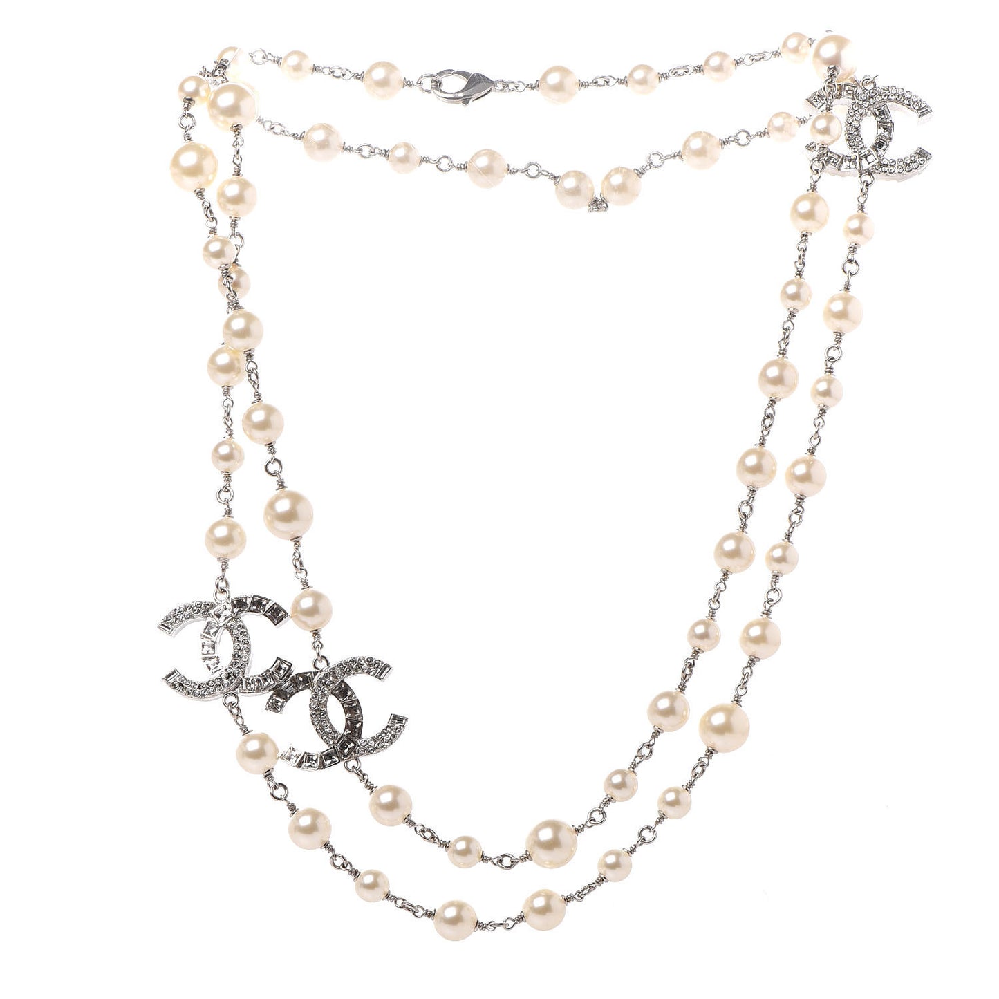 Pearl Baguette Crystal CC Long Necklace Silver
