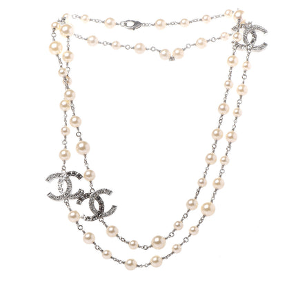 Chanel Pearl Baguette Crystal CC Long Necklace Silver 3 of 6
