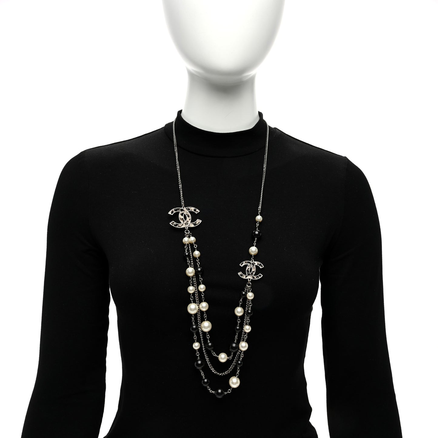 Crystal Pearl CC Multi Strand Necklace Silver Black