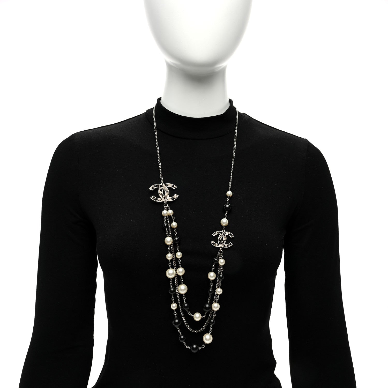 Chanel Crystal Pearl CC Multi Strand Necklace Silver Black 3 of 4