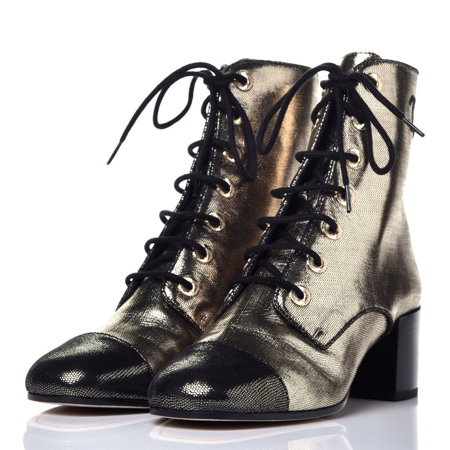 Laminated Calfskin CC Lace Up Short Boots 38.5 Gold Silver