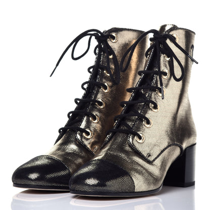 Chanel Laminated Calfskin CC Lace Up Short Boots 38.5 Gold Silver 3 of 8