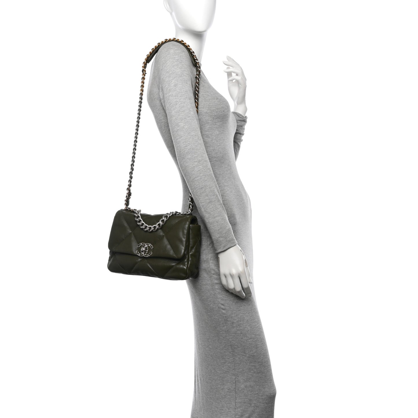 Lambskin Quilted Medium Chanel 19 Flap Khaki