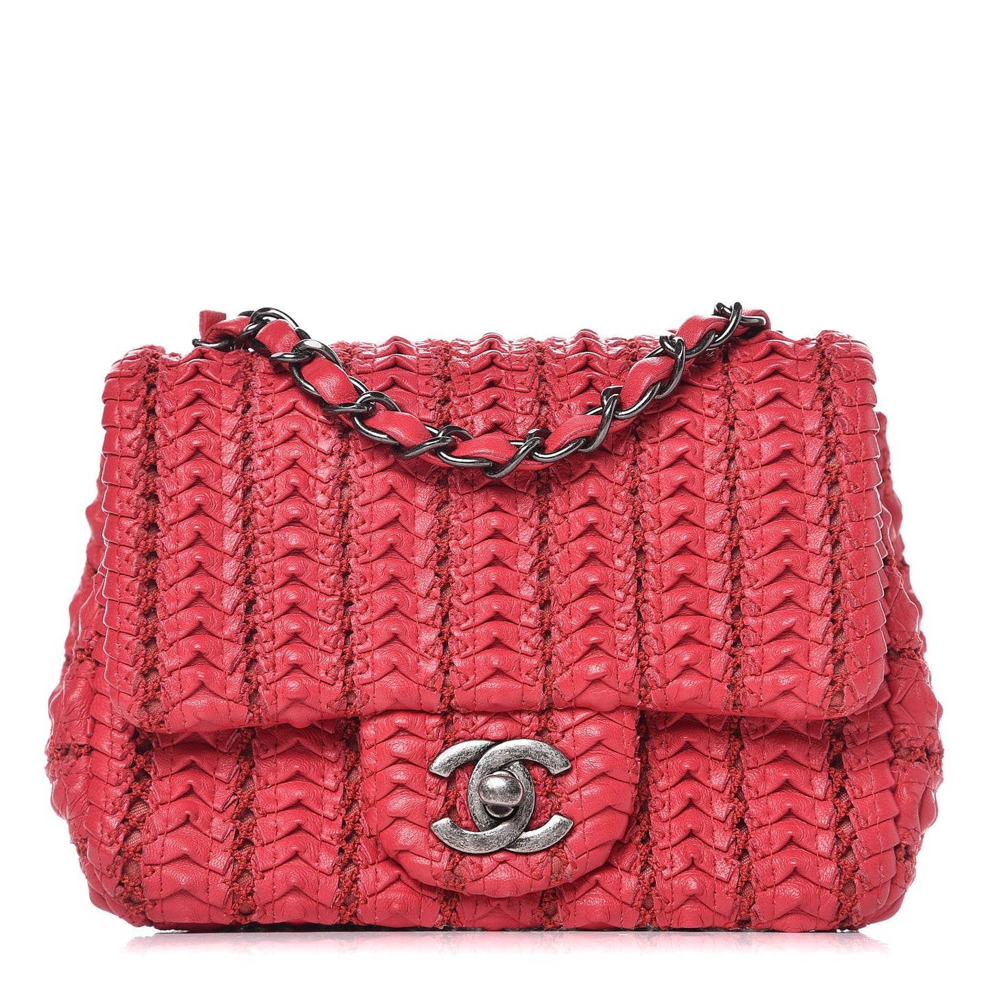 Lambskin Crochet Embroidered Small Flap Red