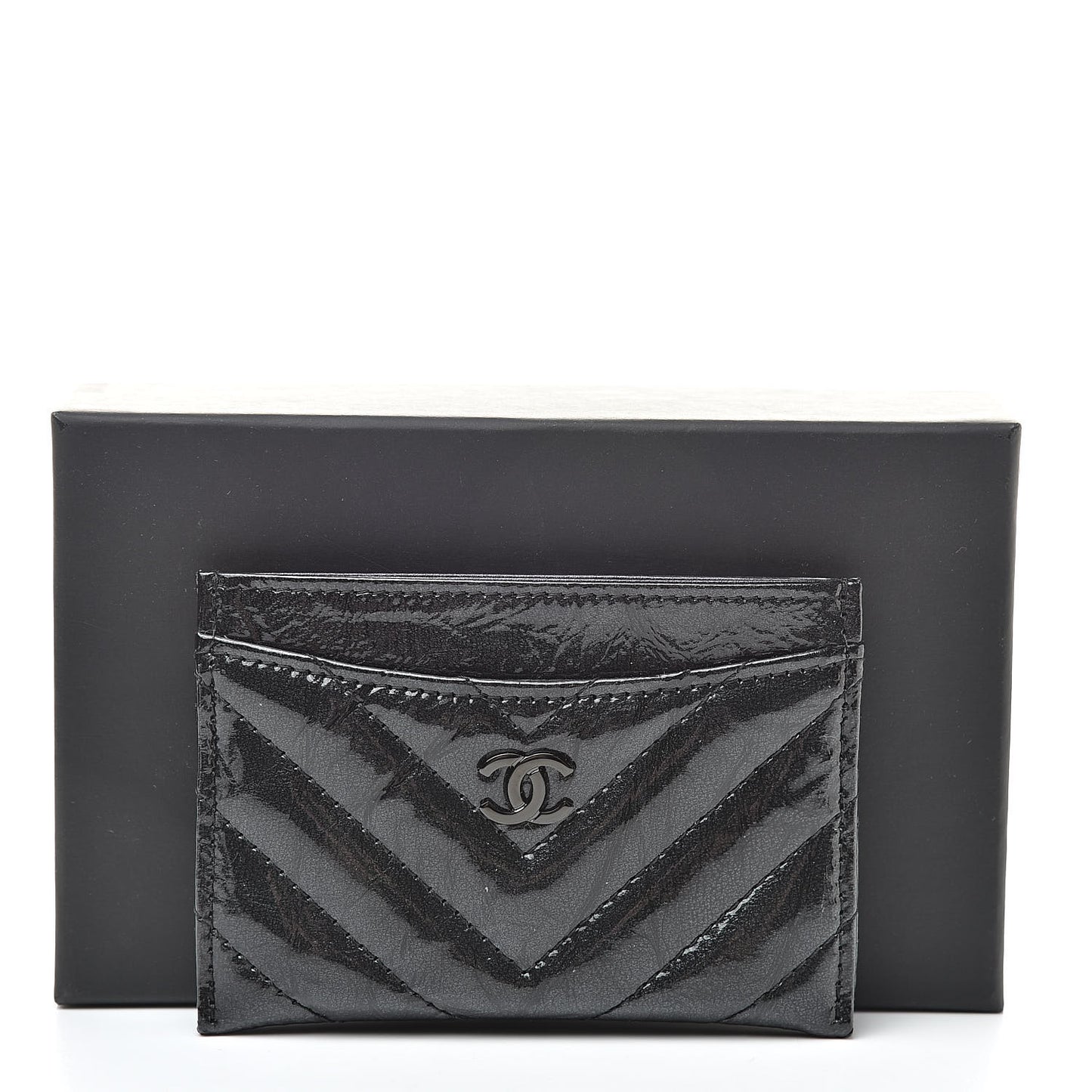 Patent Metallic Crumpled Calfskin Chevron Quilted Card Holder Black