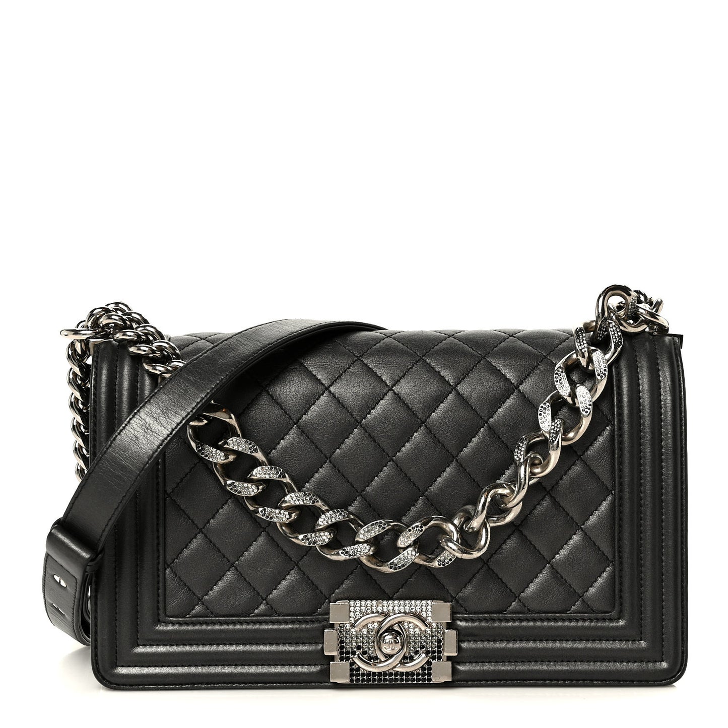 Metallic Lambskin Quilted Crystal Medium Boy Flap Grey