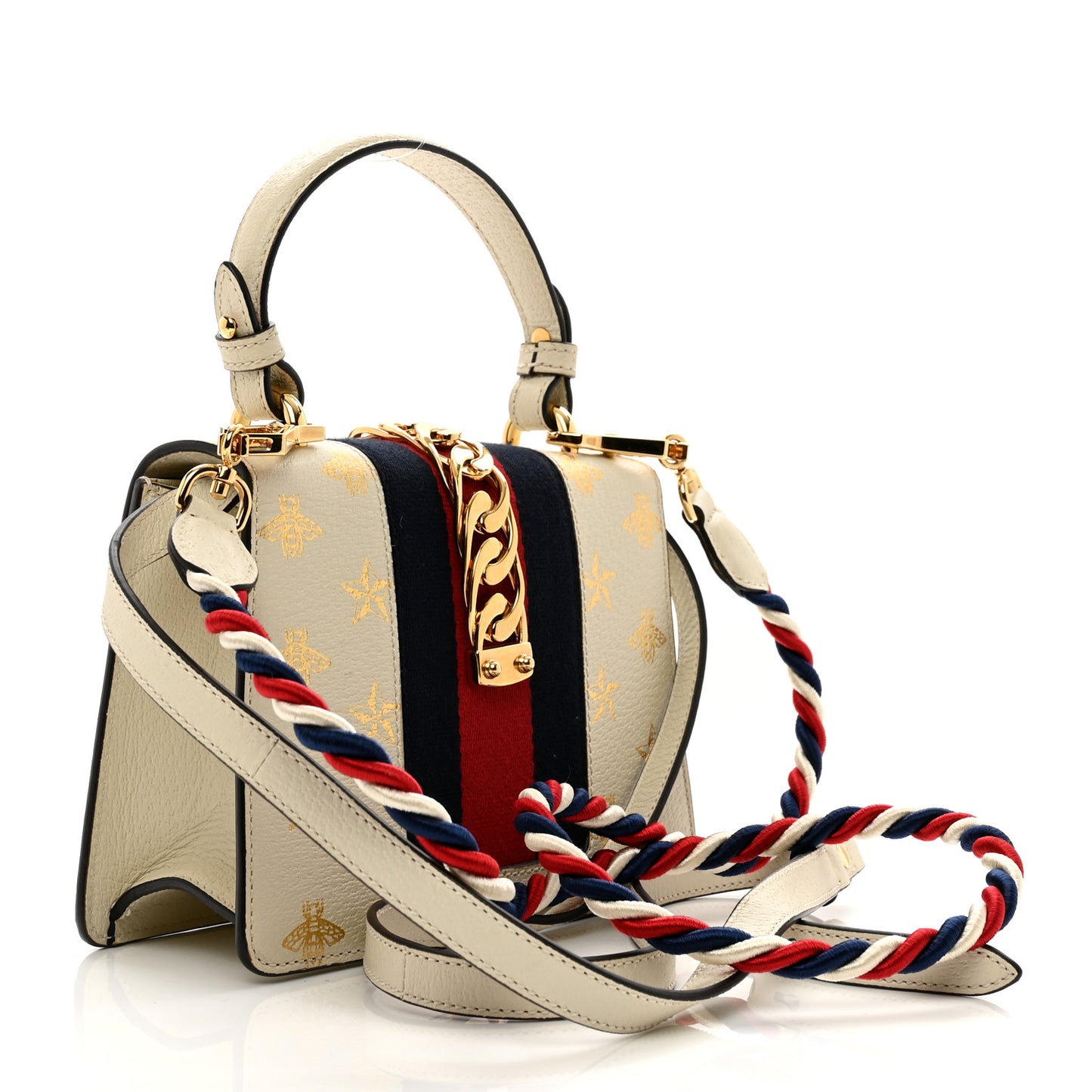 Textured Calfskin Bee Star Print Mini Sylvie Top Handle Bag Mystic White