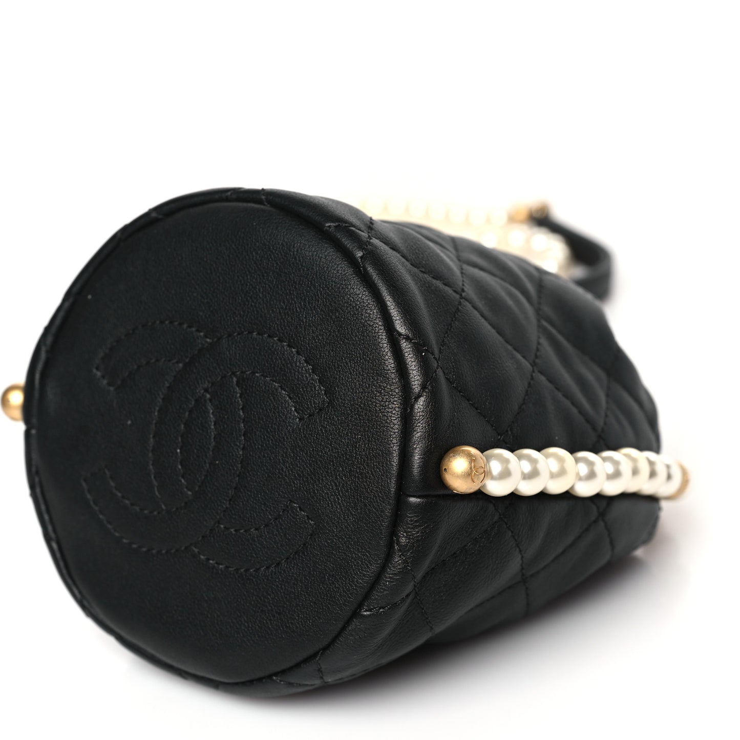 Calfskin Quilted Pearl Mini About Pearls Drawstring Bucket Bag Black