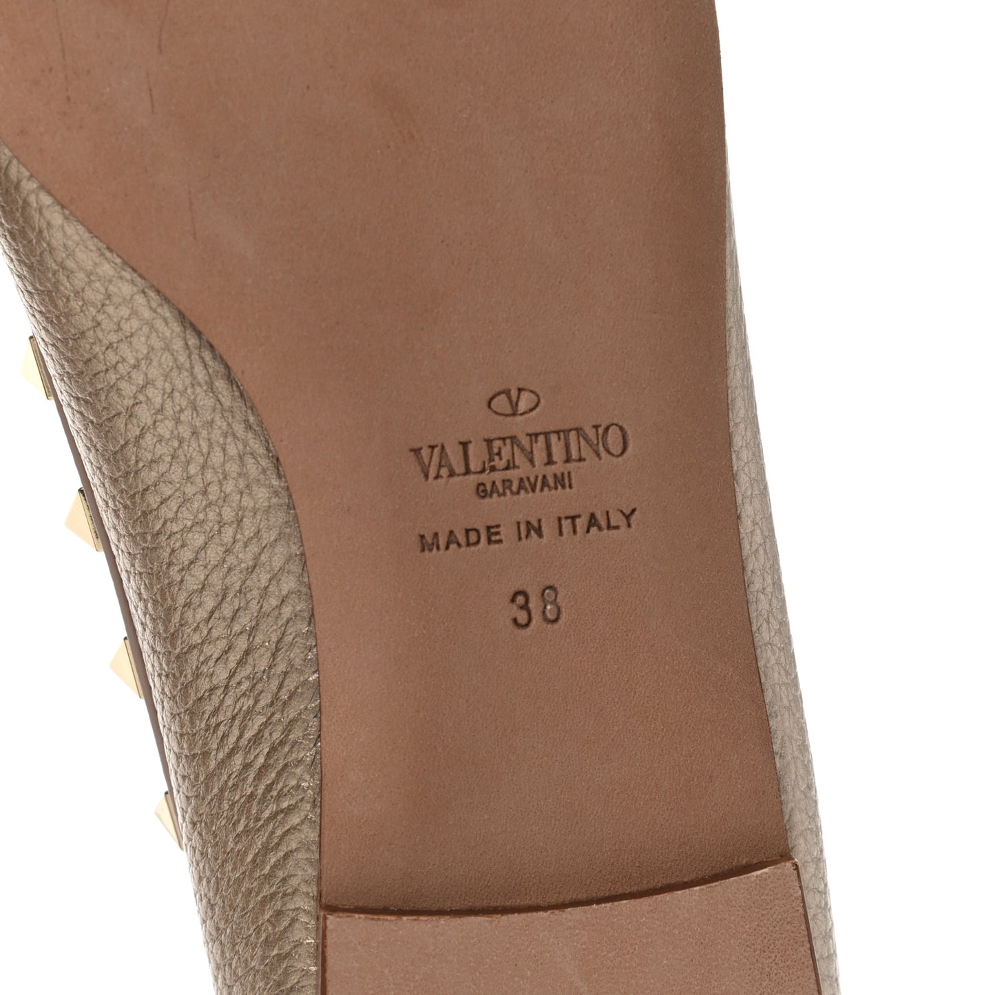 Metallic Pebbled Calfskin Rockstud Ballerina Flats 38 Sasso Poudre