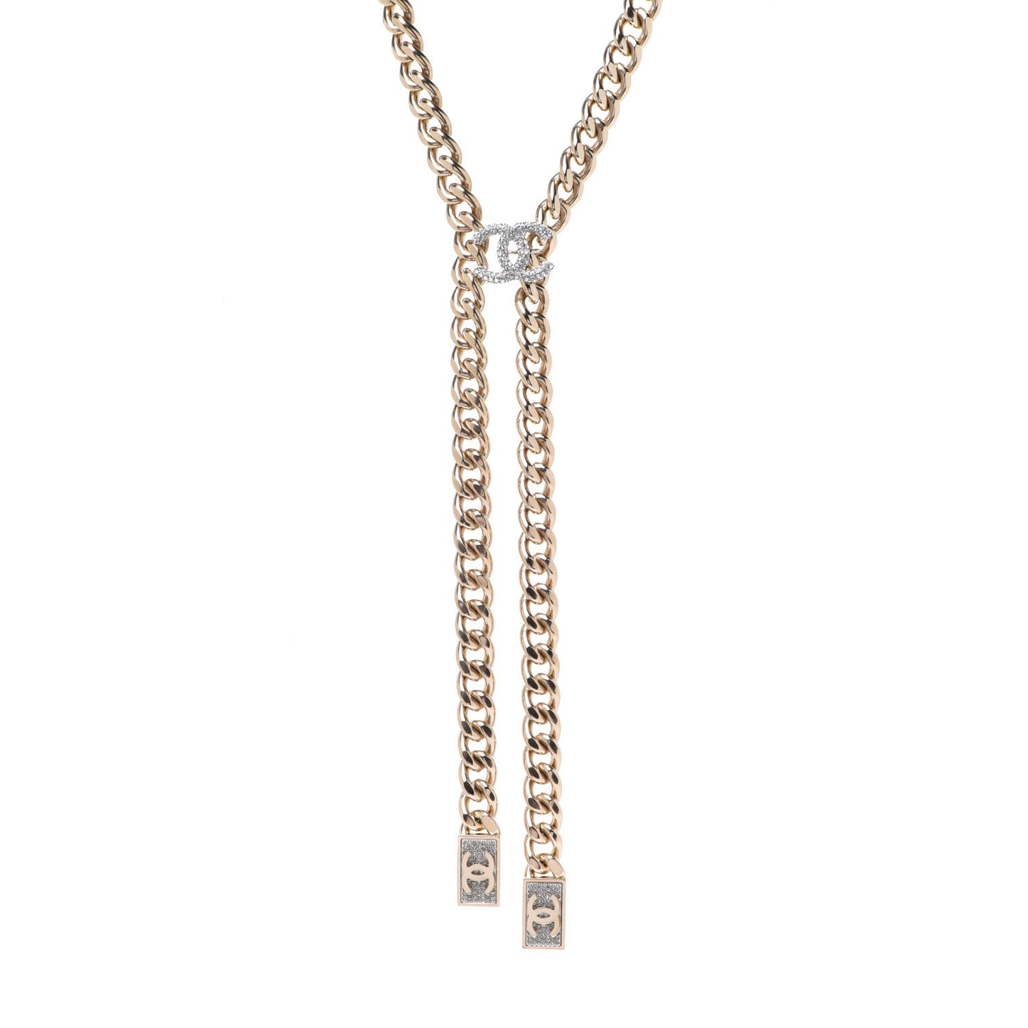 Chain Link Crystal CC Dog Tag Charm Necklace Gold