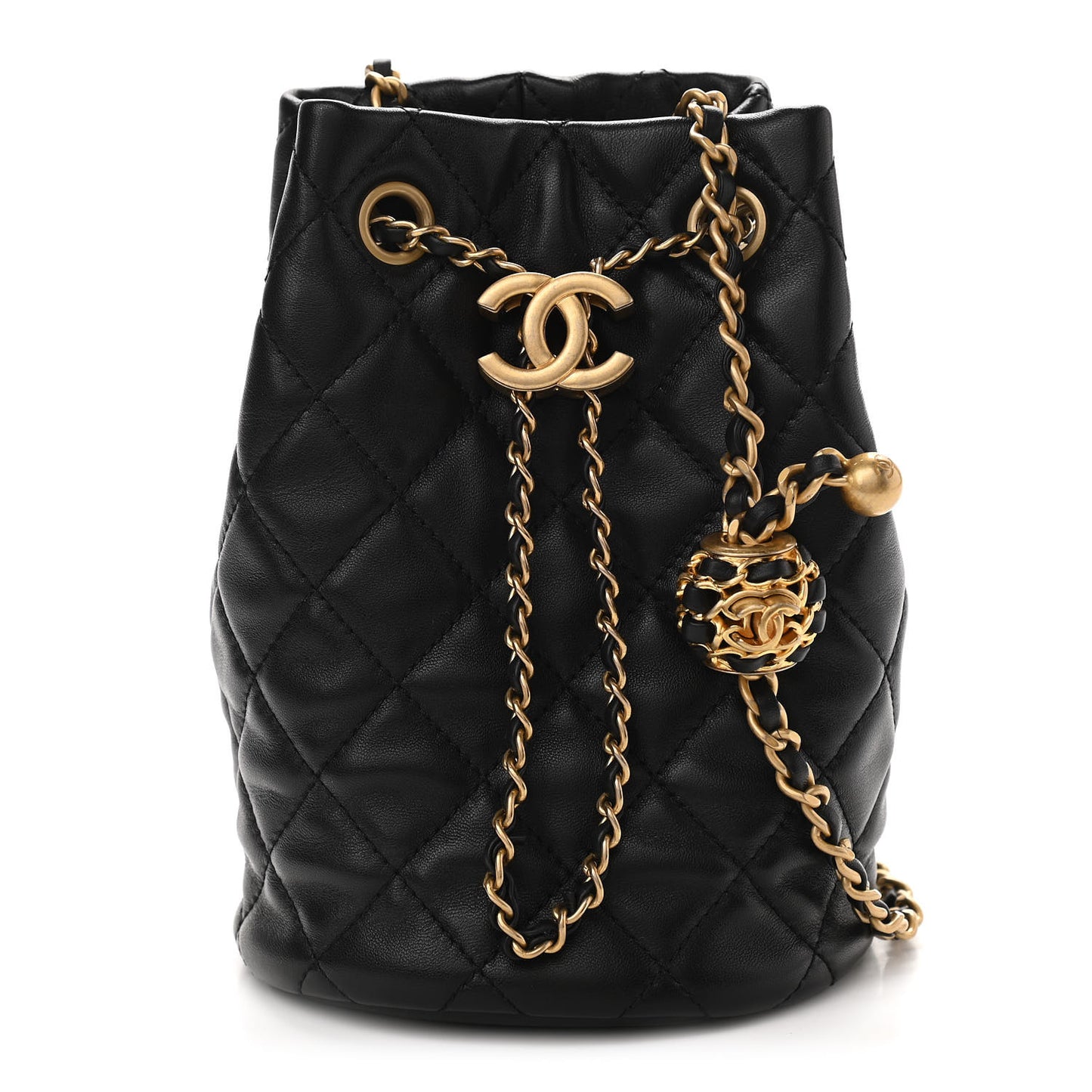 Lambskin Quilted Pearl Crush Drawstring Bag Black