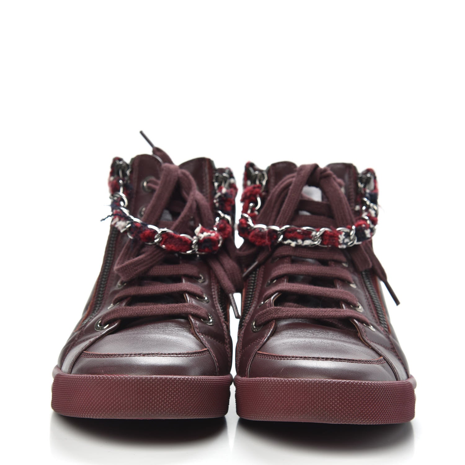 Chanel Lambskin Tweed Chain CC Sneakers 37 Burgundy Navy White 2 of 9